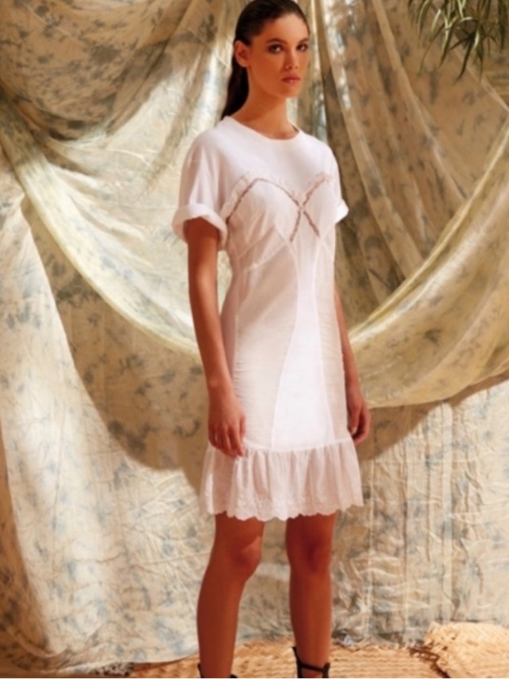 Mes Demoiselles Marylin White Ruffle Hem Western Shirt Dress